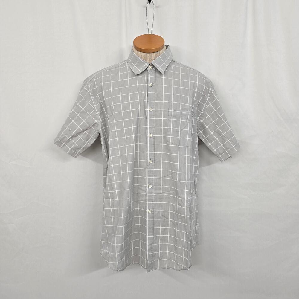 Nicole Miller Button Up Shirt Men's XL Gray White Check Collard Short Sleeve EUC